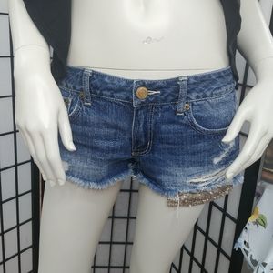 American Eagle | Y2K Coachella Daisy Dukes Gold Sequin Denim Blue Jean Shorts 6
